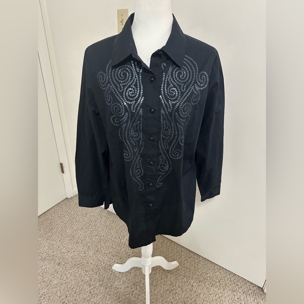 Bob Mackie Women's Black Sequin Button Front Top Size  medium